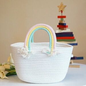 Versatile White Cotton Basket Beach Bag With Hand Woven Rope